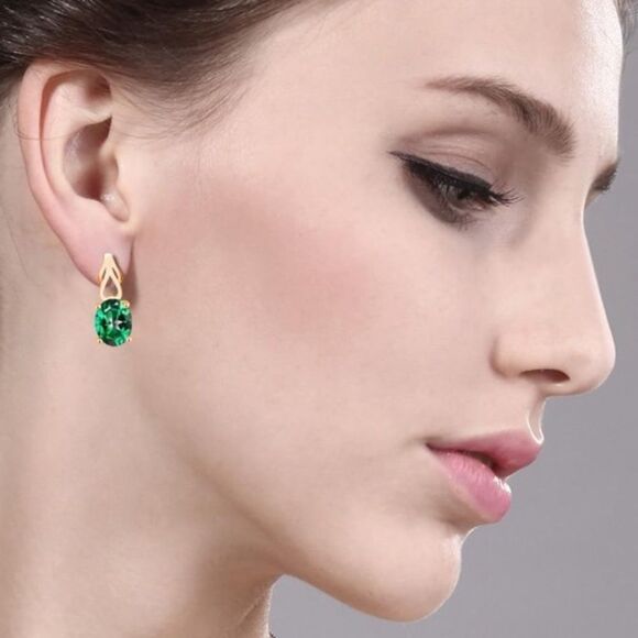 18K Yellow Gold 925 with 4.00 Cttw Rainforest Topaz Oval Post Back Drop Earrings - Picture 3 of 4